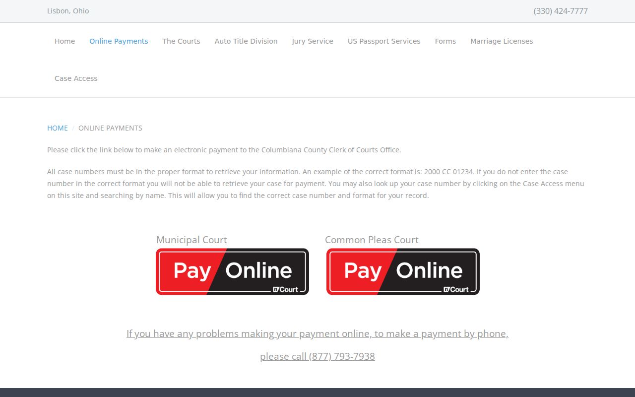 Columbiana County Clerk online payments page showing a local case number format example