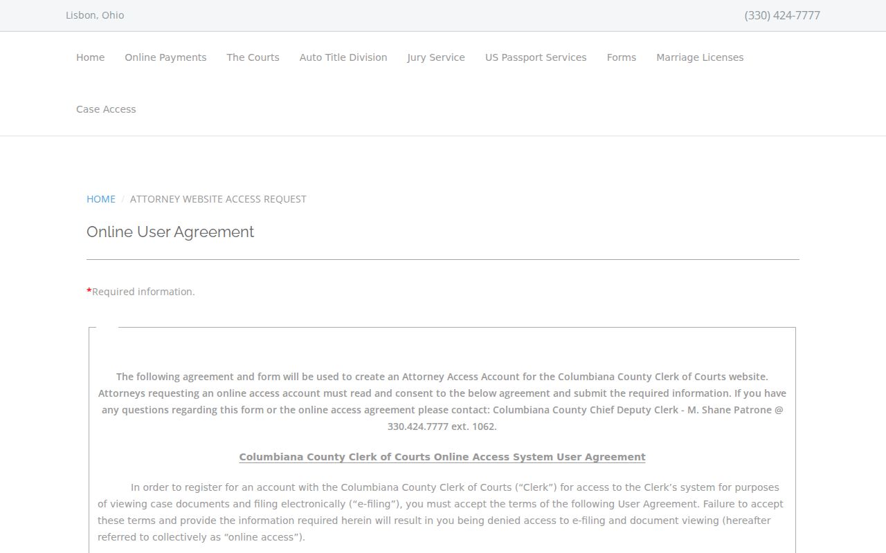 Columbiana County Clerk attorney website access request page for approved document viewing