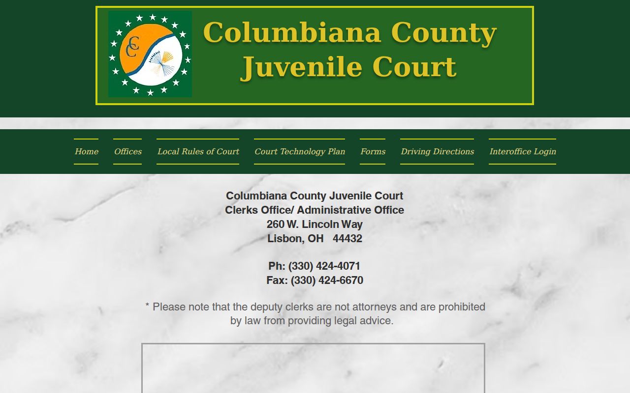 Columbiana County Juvenile Court clerk office administration page for restricted juvenile record inquiries