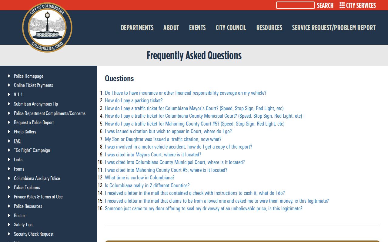 Columbiana court docket ticket instructions from the city police FAQ