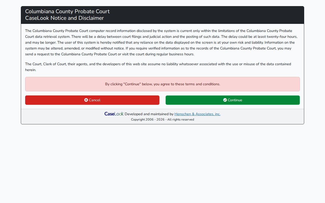 Columbiana County Probate CaseLook notice describing posting delays and verification limits