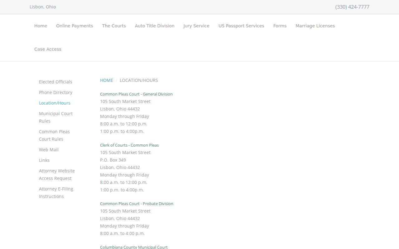 Columbiana County Clerk location and hours page for the current County Municipal Court referral