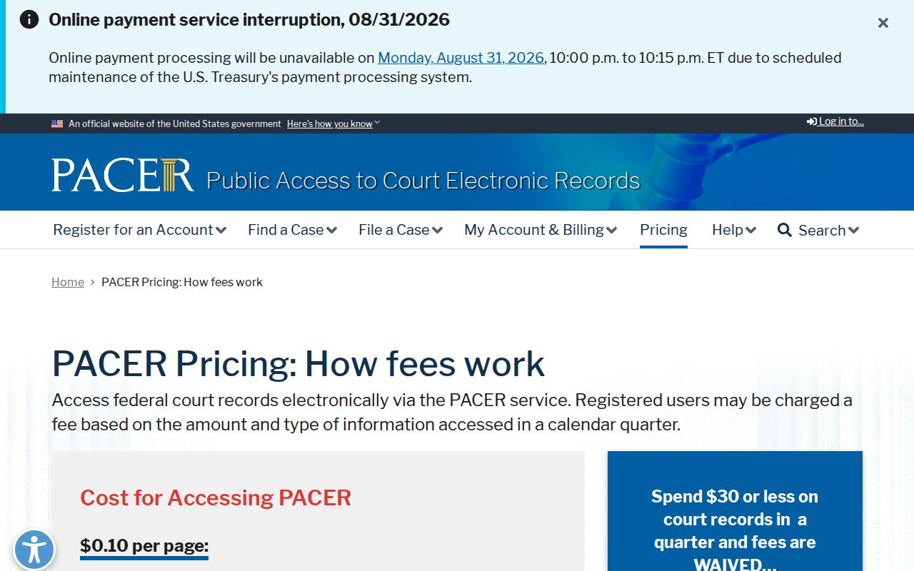 Columbiana County court docket PACER pricing information