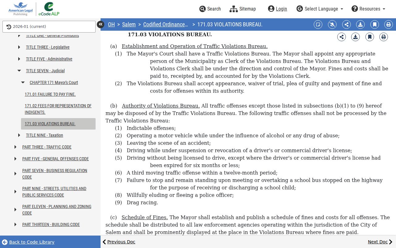 Salem Mayor’s Court Traffic Violations Bureau ordinance describing eligible waivers and local procedure