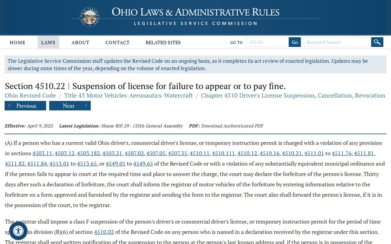 Columbiana County traffic court record reference for Ohio failure-to-appear law